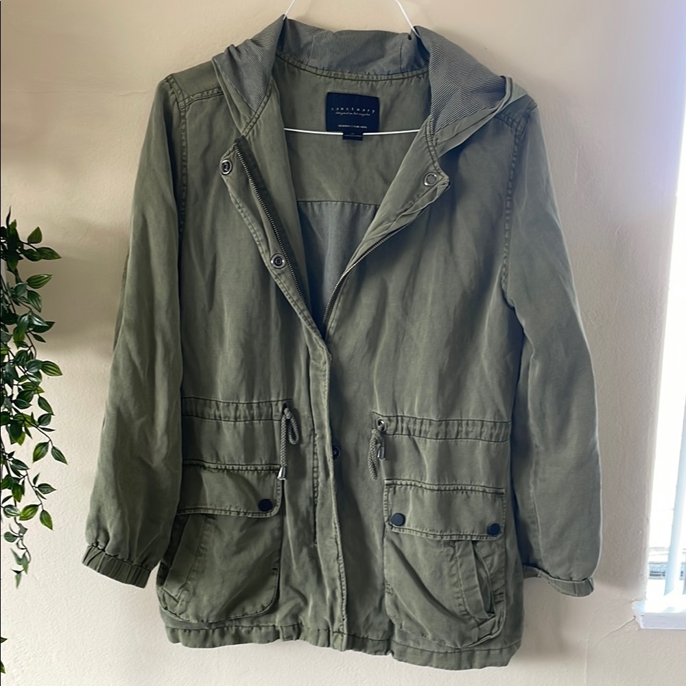 Anthropologie Green Raincoat with Hood and Elastic Waist